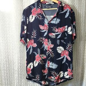 Blue and Red Casual Button Down Shirt with Tropical Print